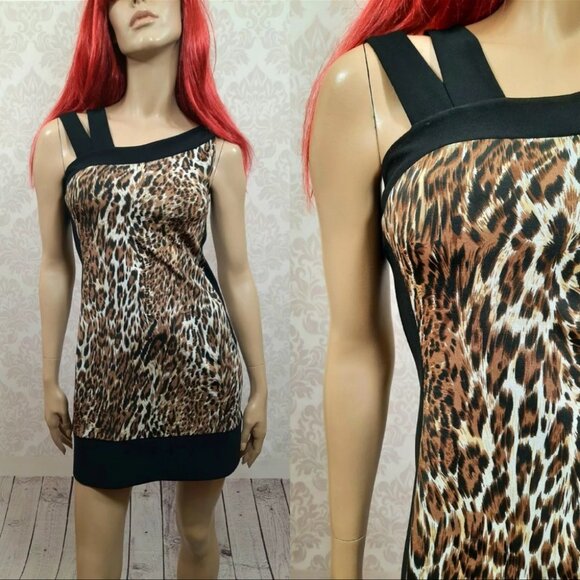 Vintage 90s Joseph Ribkoff Leopard Mini Dress US 8 Sleeveless Stretch Party - Picture 2 of 7